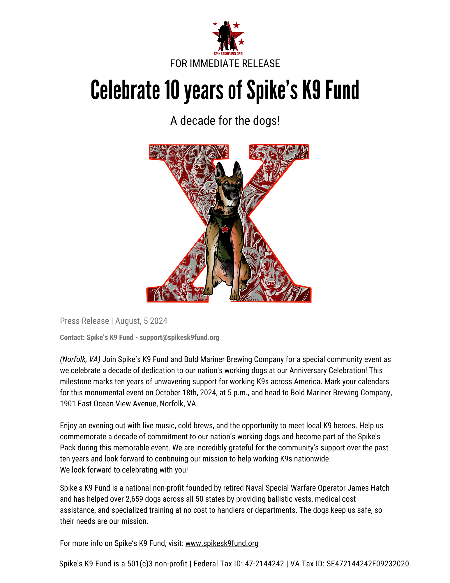 Celebrate 10 years of Spike’s K9 Fund